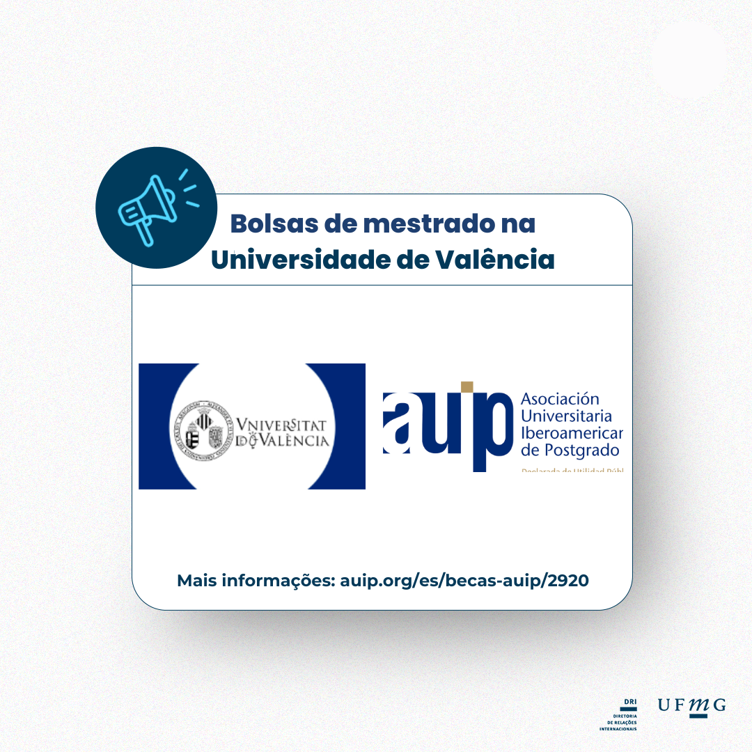 A Universidade de Valência (UV), em colaboração com a Associação Ibero-Americana de Pós-graduação Universitária (AUIP), estão ofertando até 14 bolsas para concluir um mestrado oficial no ano acadêmico de 2025-2026 para estudantes e egressos vinculados a instituições latino-americanas associadas à AUIP. As inscrições podem ser feitas até o dia 10 de abril de 2025, às 23h59. (GMT/UTC+02:00) Madri. Serão oferecidos dois tipos de auxílio: Novas bolsas concedidas: 12 bolsas estão sendo oferecidas para a conclusão de um dos mestrados oficiais da UV. Bolsas de renovação: Estão sendo oferecidas duas bolsas para a continuação e conclusão de estudos nos seguintes mestrados oficiais da UV para o ano letivo de 2025-2026: o Mestrado em Cooperação para o Desenvolvimento e o Mestrado em Políticas de Gênero e Igualdade, destinados a estudantes contemplados com uma bolsa AUIP 2024-2025. Montante do auxílio: O montante do auxílio para ambas as modalidades será o seguinte: Taxas de inscrição: montante de créditos ECTS para as disciplinas do mestrado, com um máximo de 60 ECTS. Taxas administrativas de pré-inscrição, emissão do diploma ou outras taxas ou seguros não estão incluídas. Uma bolsa financeira global de 2.500 euros , que será paga aos estudantes pela AUIP na conta bancária aberta pelo beneficiário na Espanha. Hospedagem e refeições em regime de pensão completa no Colégio de Residência indicado pela Universidade de Valência durante o ano letivo de 2025-2026. Para mais informações, acesse aqui. AVISO IMPORTANTE: Antes de iniciar a inscrição, é necessário ler atentamente o edital disponível no site. É recomendável que você baixe o arquivo e revise as regras novamente sempre que tiver alguma dúvida durante a inscrição. Dúvidas: becas.master@auip.org