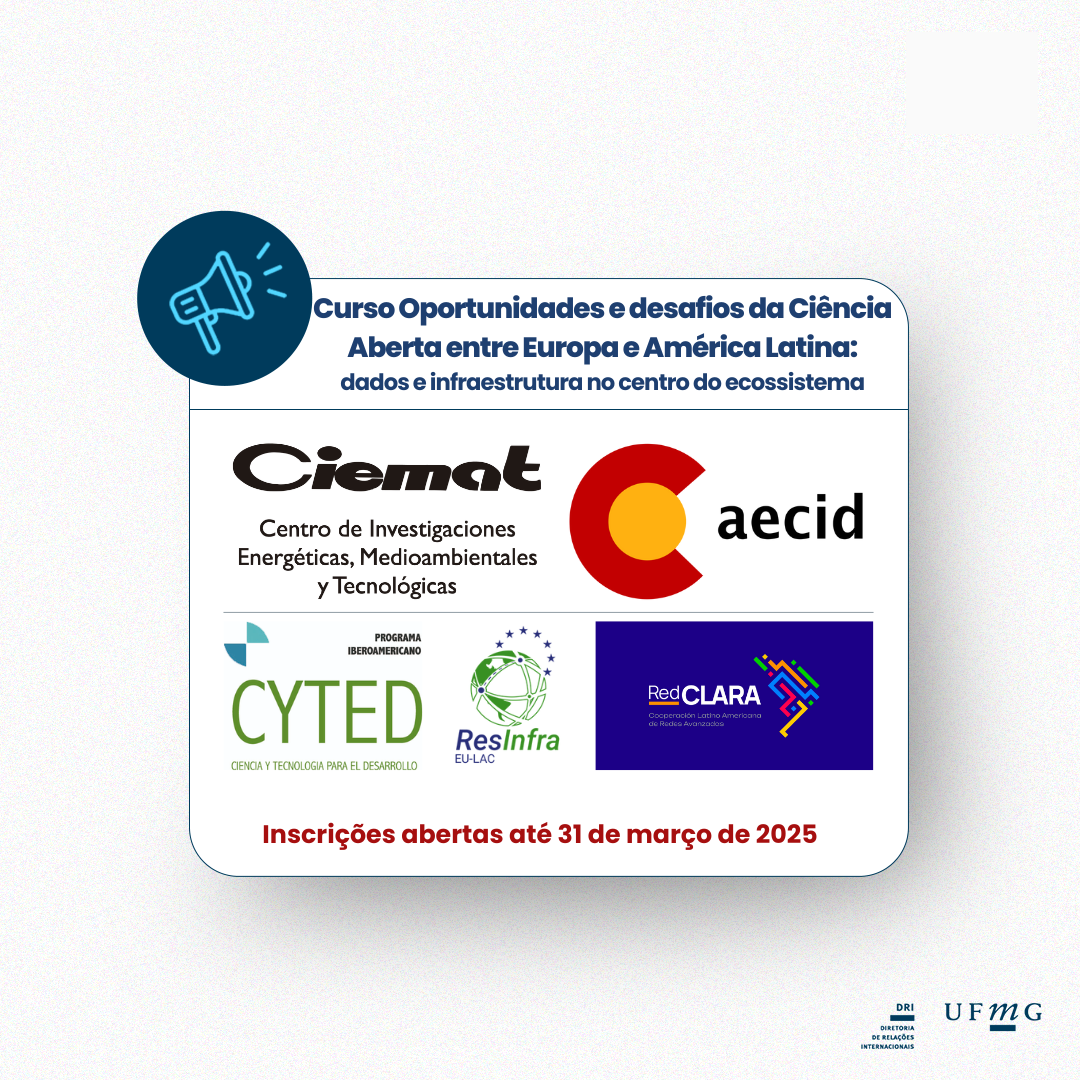 Entre os dias 6 e 9 de maio será realizado o curso Oportunidades e Desafios da Ciência Aberta entre Europa e América Latina: Dados e Infraestrutura no Centro do Ecossistema, organizado pelo Centro de Pesquisas Energéticas, Ambientais e Tecnológicas (CIEMAT) da Espanha e pela Agência Espanhola de Cooperação Internacional para o Desenvolvimento (AECID), com a colaboração do Programa Ibero-Americano de Ciência e Tecnologia para o Desenvolvimento (CYTED), ResINFRA Plus e a Rede CLARA. O curso será realizado no Centro de Treinamento da Cooperação Espanhola, em Montevidéu, Uruguai, no formato PRESENCIAL. O objetivo é fortalecer as capacidades institucionais para implementar políticas científicas e inovadoras voltadas para o enfrentamento dos desafios sociais com base na natureza totalmente multidisciplinar da transformação digital aplicável aos diferentes Objetivos de Desenvolvimento Sustentável. Esta atividade é destinada a instituições públicas, centros de pesquisa, universidades, pesquisadores e tecnólogos com formação superior em qualquer ramo científico-tecnológico, bem como tecnólogos de formação profissional que atuam na área de TIC, engenharia ou telecomunicações que manipulem dados. Vale destacar, como consta na convocatória, que a Cooperação Espanhola financiará a hospedagem, alimentação e traslados internos dos participantes (aeroporto/hotel – Centro de Treinamento/hotel) durante os dias da atividade. A passagem aérea será coberta pelo participante ou pela instituição que ele representa. Os representantes institucionais podem se registrar até 31 de março de 2025, às 23h59, horário espanhol. LINK DE INSCRIÇÃO