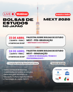  A Study in Japan Brazil, juntamente com o Consulado Geral do Japão de São Paulo, promoverá um webinar sobre intercâmbio no Japão. O evento contará com informações gerais sobre intercâmbio no Japão; depoimentos de estudantes intercambistas que estão completando seus cursos; e também será explicado como funcionam as bolsas de estudo MEXT, financiadas pelo Ministério de Educação japonês. O webinar ocorrerá nos dias 23 e 24 de abril. O dia 23 é para estudantes que almejam concorrer a bolsas de pós-graduação. As inscrições devem ser feitas através deste link.