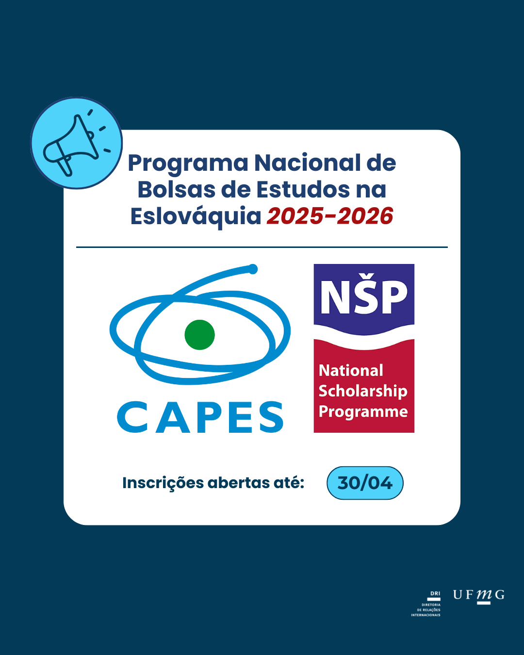 Inscrições abertas para o Programa Nacional de Bolsas de Estudos da Eslováquia (NSP, em inglês), promovido pela Agência Eslovaca de Informação Acadêmica (SAIA), que apoia o intercâmbio de estudantes de graduação, doutorado e pós-doutorado, além de professores universitários, pesquisadores e artistas para o país. As inscrições podem ser feitas até o dia 30 de abril, até 16 horas, por meio deste link. Mais informações podem ser consultadas no site oficial do Programa, ou diretamente com os administradores do Programa, Silvia Lipovská, responsável por alunos de todos os níveis, pelo correio eletrônico nsp-foreign2@saia.sk; e Ondrej Aradský, responsável por professores universitários, pesquisadores e artistas, pelo correio eletrônico nsp-foreign@saia.sk. *OBS: esta é uma divulgação parceira, portanto a DRI não se responsabiliza por eventuais questões.