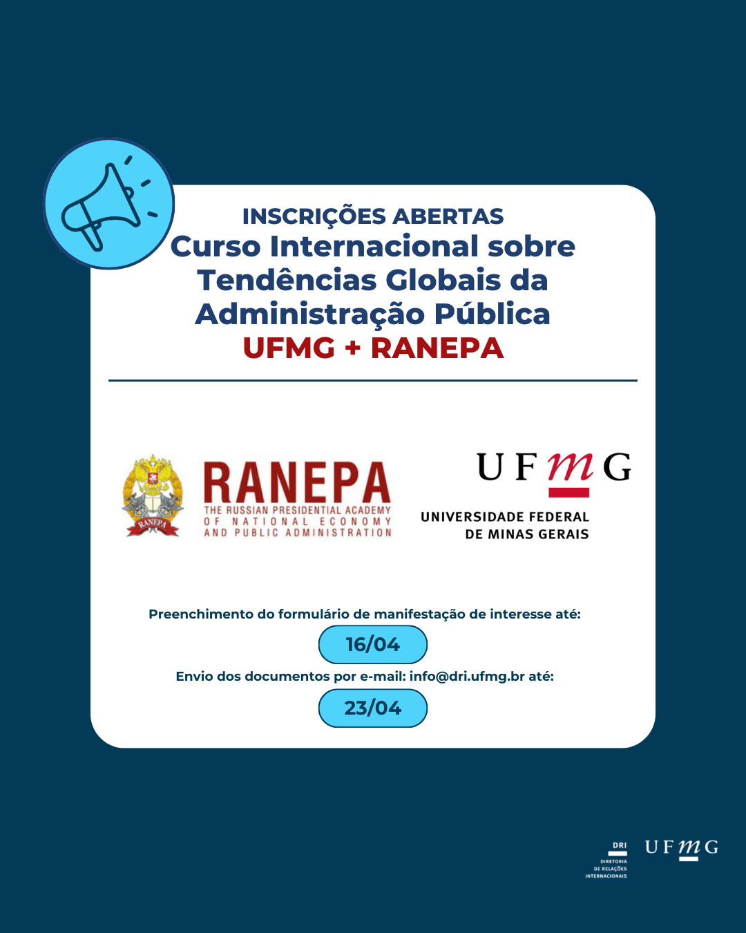 A Diretoria de Relações Internacionais da UFMG tem o prazer de divulgar a chamada para participação no curso internacional “Tendências Globais e Prioridades do Desenvolvimento da Administração Pública no Século XXI”, oferecido pela Academia Presidencial da Federação Russa (RANEPA), em parceria com a UFMG. O curso será gratuito, direcionado a servidores públicos e ministrado presencialmente na UFMG, Campus Pampulha (em local a ser definido), durante a primeira semana de junho de 2025, com aulas nos turnos da manhã e tarde, de segunda a sexta, por professores e especialistas da RANEPA. A carga horária total é de 100 horas acadêmicas, com emissão de: Certificado oficial de qualificação avançada da RANEPA (Rússia) As aulas serão ministradas em russo, com tradução simultânea para o português. Serão oferecidas 50 vagas e os servidores públicos interessados serão selecionados por meio de análise curricular. Conteúdo programático: O curso abordará temas estratégicos e contemporâneos da administração pública, com foco internacional e comparativo: Processos de integração no mundo contemporâneo e a dinâmica dos blocos intergovernamentais (G20, BRICS, SCO, CIS, etc.) Combate ao terrorismo, separatismo e extremismo Segurança da informação e guerras informacionais Gestão de crises em contextos de sanções econômicas Planejamento estratégico para o desenvolvimento socioeconômico sustentável Políticas sociais do Estado: princípios, mecanismos e avaliação de efetividade Avaliação da competitividade internacional: rankings e indicadores estratégicos  Prazos importantes: Até 16/04/2025 – Preenchimento do formulário de manifestação de interesse Até 23/04/2025 – Envio dos documentos por e-mail: info@dri.ufmg.br  Link para manifestação de interesse  Documentos obrigatórios para inscrição (em PDF): Cópia do passaporte ou RG  Cópia do diploma de graduação e/ou pós-graduação Formulário de inscrição preenchido em inglês (modelo anexo) Termo de consentimento para tratamento de dados pessoais, assinado (modelo anexo) Currículo vitae Autorização da chefia imediata para participação no curso (modelo anexo) Observações: Não é necessário tradução juramentada ou apostilamento dos documentos. A tradução será providenciada com o apoio da Embaixada da Rússia no Brasil. Em caso de dúvidas, entre em contato pelo e-mail info@dri.ufmg.br.