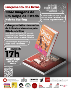    O Centro de Estudos Latino-Americanos (CELA), em parceria com a Diretoria de Relações Internacionais (DRI), promove, durante a exposição “Memórias Encontradas: entre a solidariedade e a perseguição“:  Lançamento do livro e mesa-redonda: 1964: Imagens de um Golpe de Estado, de Heloísa Starling, com a presença da autora e de Anna Carolina Viana e Francis Augusto Duarte. Lançamento do livro Crianças e Exílio – Memórias de Infâncias Marcadas pela Ditadura Militar, com depoimentos de 46 autores, organizado por Nadejda Marques e Helena Dória Lucas de Oliveira. Apresentação do jornalista Pablo Pires Fernandes.  O evento será realizado no dia 2 de junho, das 17h às 19h, no Auditório Bicalho - Fafich, UFMG campus Pampulha.  Faça sua inscrição no GES. Haverá emissão de certificado.