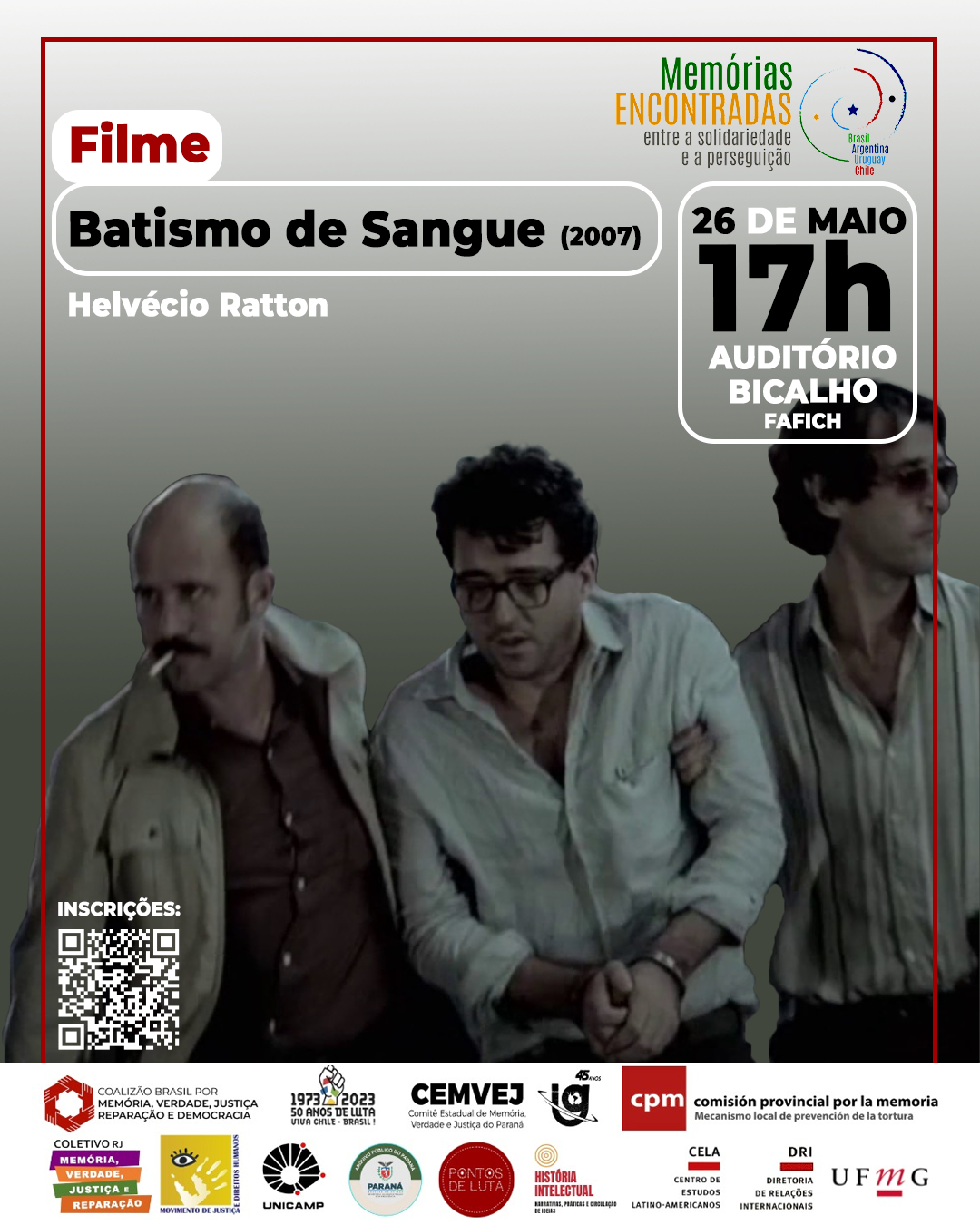 O Centro de Estudos Latino-Americanos (CELA), em parceria com a Diretoria de Relações Internacionais (DRI), promove, durante a exposição “Memórias Encontradas: entre a solidariedade e a perseguição“, uma sessão do filme “Batismo de Sangue”, de Helvécio Ratton. Baseado no livro homônimo de Frei Beto, que relata fatos reais, o longa narra a história de cinco freis dominicanos que, no fim da década de 1960, se envolvem com o grupo guerrilheiro Ação Libertadora Nacional, comandado à época por Carlos Marighella. O grupo se dispersa, mas vários deles acabam presos e são brutalmente torturados, o que leva ao assassinato de Marighella. Com a exceção de Frei Tito, que deixa o Brasil entre os 70 presos trocados pelo embaixador suíço e segue para a França, os demais são condenados a quatro anos de prisão. Segunda-feira, dia 26 de maio 17h às 19h – Auditório Bicalho, Fafich Filme “Batismo de Sangue” Direção: Helvécio Ratton Drama, 2007, Brasil, 1h50min Com Caio Blat, Daniel de Oliveira, Cássio Gabus Mendes, Ângelo Antônio, Léo Quintão e outros.