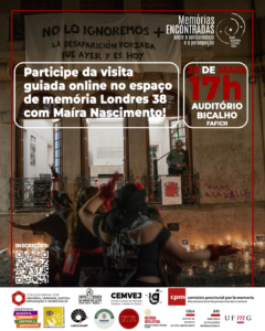    O Centro de Estudos Latino-Americanos (CELA), em parceria com a Diretoria de Relações Internacionais (DRI), promove, durante a exposição “Memórias Encontradas: entre a solidariedade e a perseguição“, uma visita guiada online no espaço de memória Londres 38, conduzida por Maíra Nascimento. O evento ocorrerá no dia 28/05, às 17:00h, no Auditório Bicalho da Fafich, UFMG campus Pampulha.  Venha conhecer a história impactante da Casa Museu Londres 38, um ex-centro de repressão, tortura e extermínio durante a ditadura civil-militar de Augusto Pinochet. Localizado no coração de Santiago e utilizado pela DINA (Dirección de Inteligencia Nacional) entre 1973 e 1975, o espaço foi palco da perseguição a militantes de esquerda. Hoje, após anos de luta e denúncia, Londres 38 é um espaço de memória vivo e aberto à comunidade.  Nesta visita guiada, conduzida por Maíra Nascimento, você terá a oportunidade de refletir sobre o passado e compreender a importância da preservação da memória histórica. Não perca!  Faça sua inscrição no GES. Haverá emissão de certificado.