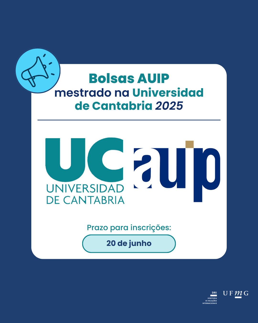 No âmbito de suas políticas de cooperação acadêmica com universidades latino-americanas e de promoção de talentos em estudos de pós-graduação, a Universidad da Cantabria (UC) está lançando um programa competitivo de bolsas de estudo para programas oficiais de mestrado durante o ano letivo de 2025-2026. Prazo de inscrição: 20 de junho de 2025, às 23h59 (GMT/UTC+02:00) Madri. Número de vagas disponíveis: 7. Valor das bolsas: As bolsas incluem: Taxas de matrícula do mestrado: Os bolsistas terão direito a uma bolsa de estudo equivalente à taxa de matrícula, que cobrirá um máximo de 60 créditos ECTS, mais as taxas administrativas correspondentes e o seguro obrigatório. Bolsa de estudo de € 6.500. Destinatários: Candidatos de universidades latino-americanas afiliadas à AUIP. NOTA IMPORTANTE: Antes de iniciar a inscrição, leia atentamente o regulamento. É recomendável que você baixe o arquivo e revise as diretrizes sempre que tiver dúvidas durante a inscrição.
