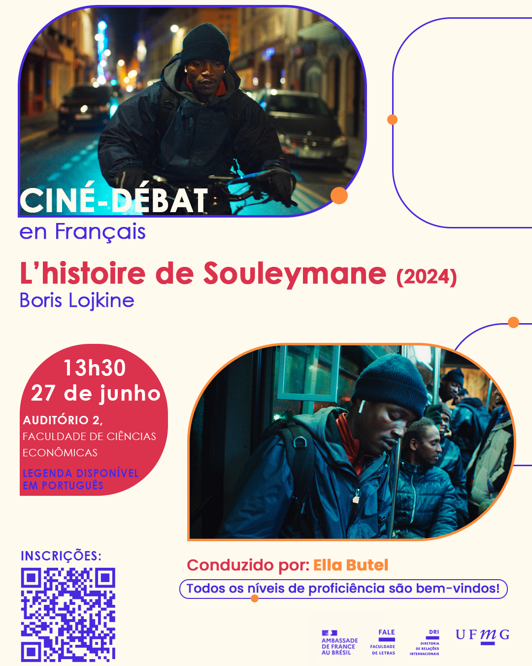O Setor de Proficiência Linguística da Diretoria de Relações Internacionais (DRI) da UFMG convida toda a comunidade acadêmica a participar, no dia 27 de junho, a partir das 13h30, do próximo encontro do CINÉ-DÉBAT en Français. Neste encontro, será exibido o longa-metragem L’histoire de Souleymane (2024), dirigido por Boris Lojkine. O filme acompanha Souleymane, um jovem guineense que vive como entregador em Paris enquanto enfrenta o desafio de preparar seu pedido de asilo. Com sensibilidade e urgência, a obra retrata a tensão dos migrantes entre a invisibilidade do cotidiano e a necessidade de existir oficialmente, revelando a força das palavras, da escuta e da resistência frente à burocracia. O evento será conduzido por Ella Butel, assistente de língua francesa na UFMG pela Embaixada da França no Brasil. A exibição acontecerá no Auditório 2 da Faculdade de Ciências Econômicas (FACE). Todos os níveis de proficiência em francês são bem-vindos! As vagas são limitadas à capacidade do auditório. Haverá emissão de certificado apenas para os participantes que se inscreverem no G.E.S. e assinarem a lista de presença no dia do ciné-débát. A inscrição pode ser feita pelo formulário disponível aqui.