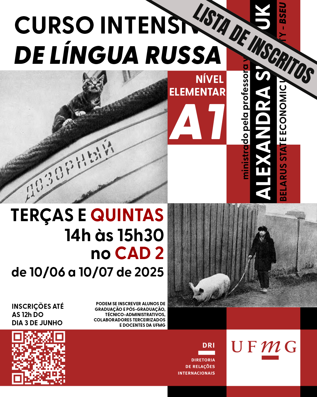 O Setor de Proficiência Linguística da Diretoria de Relações Internacionais (DRI) divulga a lista de estudantes inscritos no Curso Intensivo de Língua Russa – Nível Elementar (A1). As aulas terão início no dia 10 de junho, às 14h, na sala C314 do CAD 2. Os 25 primeiros estudantes da lista devem comparecer à primeira aula. Os demais candidatos, classificados como excedentes, poderão ser convocados em caso de desistências. Confira a lista aqui.