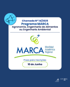    A Diretoria de Relações Internacionais (DRI) da Universidade Federal de Minas Gerais (UFMG) torna pública a presente chamada para a seleção de estudantes de graduação dos seguintes cursos da UFMG, acreditados pelo sistema ARCASUR e que não possuem candidatos habilitados pelo Edital Unificado 03-2024: Agronomia, Engenharia de Alimentos e Engenharia Ambiental; para realização de mobilidade acadêmica internacional por meio do Programa MARCA, promovido pelos governos do Setor Educacional do MERCOSUL.  Esta Chamada tem como objetivo selecionar e classificar estudantes de graduação para realização de mobilidade acadêmica, com duração de um semestre, em instituições de ensino superior na Colômbia.  Conforme já mencionado, poderão se inscrever estudantes de graduação regularmente matriculados nos cursos de Agronomia, Engenharia de Alimentos ou Engenharia Ambiental.  O estudante deverá ter cumprido, no mínimo, 40% da carga horária total do curso antes do início da mobilidade acadêmica, além de ter obtido, no ato do ingresso na UFMG, pontuação mínima de 600 pontos no Exame Nacional do Ensino Médio (ENEM).  Certificado de proficiência é classificatório e não eliminatório.  Benefícios:  O Ministério da Educação (MEC) oferecerá aos estudantes selecionados os seguintes benefícios:  Passagens: U$ 550,00 (parcela única) Auxílio Instalação: U$ 1.300,00 (parcela única) Seguro-saúde: US$ 450,00 (5 parcelas de US$ 90,00)     Os pagamentos serão realizados pela CAPES diretamente aos beneficiários.  As inscrições ocorrerão das 00:00 horas do dia 05/06/2025 até as 23:59 horas do dia 10/06/2025 (horário de Brasília). A submissão das inscrições e o upload dos documentos serão feitos, exclusivamente, por meio do formulário eletrônico disponível aqui.  A publicação do resultado final ocorrerá a partir de 16/06/2025. O cronograma completo está disponível na Chamada 14_2025.  Dúvidas devem ser encaminhadas para programas@dri.ufmg.br.  Confira a íntegra da Chamada 14_2025.