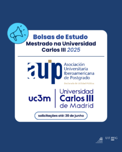    A Associação Universitária Ibero-americana de Pós-graduação (AUIP) financia por este programa bolsas para estudos de mestrado na Universidade Carlos III de Madri durante o ano letivo de 2025/2026. Este programa faz parte da "Linha de Ação 4: Bolsas e Subsídios para Estudos de Pós-Graduação" do Plano de Ação 2024-2026 da AUIP para o desenvolvimento de estudos de pós-graduação (mestrado, doutorado, especialização) na Ibero-América.  Prazo de inscrição: 20 de junho de 2025.  Número de vagas disponíveis: 13.  Valor da Bolsa:  Uma bolsa de estudo equivalente à porcentagem dos créditos ECTS das disciplinas em que o aluno se matricula pela primeira vez, com um máximo de 60 ECTS. A bolsa não inclui seguro, taxas ou outras taxas relacionadas à mensalidade. O valor da bolsa é liquidado no recibo de pagamento da mensalidade do bolsista. Uma bolsa de estudo ou auxílio de estudo de € 1.500, exceto para o Mestrado em Bibliotecas, Arquivos e Continuidade Digital, que será realizado online. Destinatários: Graduados universitários latino-americanos não residentes na Espanha, de universidades latino-americanas associadas à AUIP.     Mais informações clique aqui.