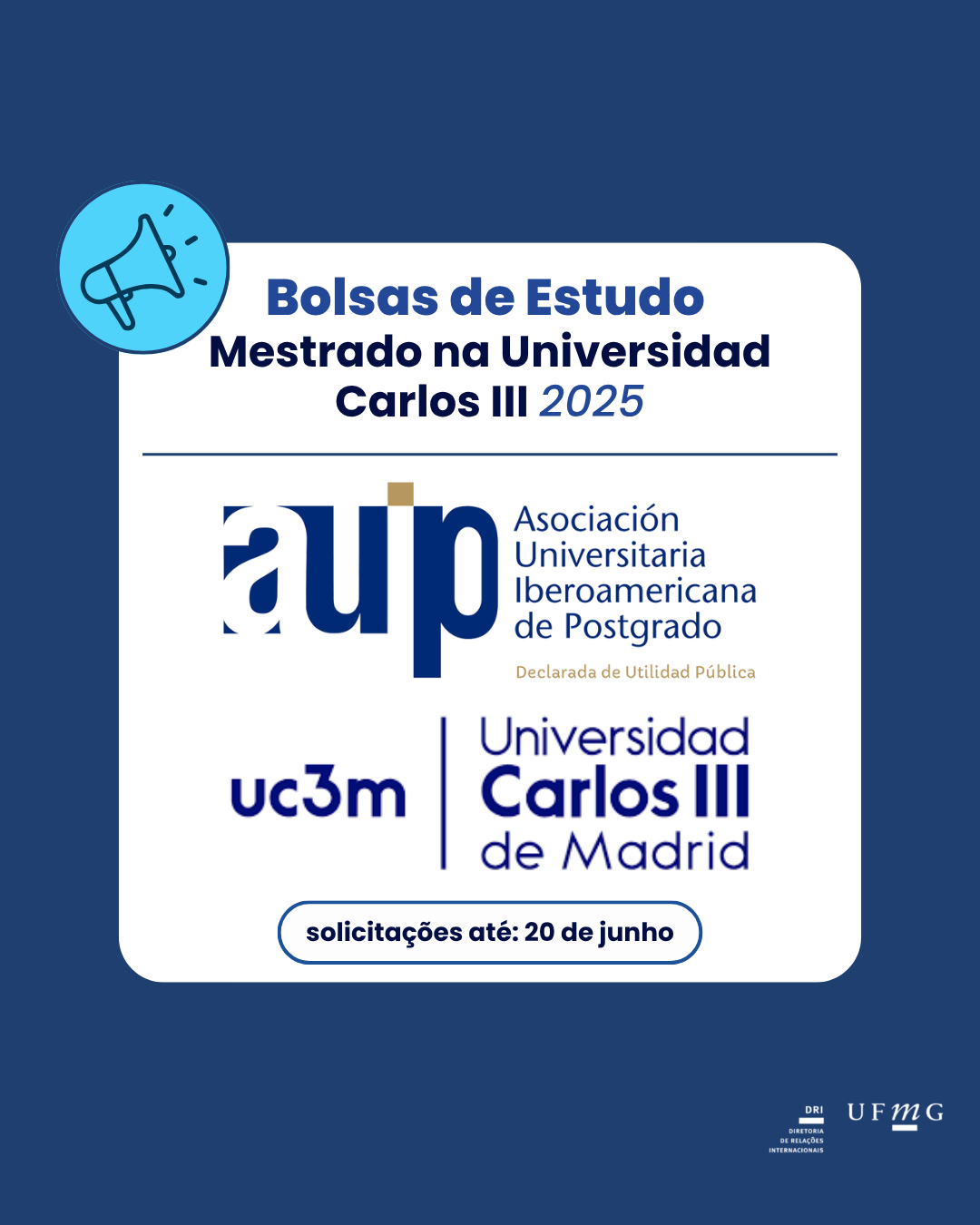 A Associação Universitária Ibero-americana de Pós-graduação (AUIP) financia por este programa bolsas para estudos de mestrado na Universidade Carlos III de Madri durante o ano letivo de 2025/2026. Este programa faz parte da "Linha de Ação 4: Bolsas e Subsídios para Estudos de Pós-Graduação" do Plano de Ação 2024-2026 da AUIP para o desenvolvimento de estudos de pós-graduação (mestrado, doutorado, especialização) na Ibero-América. Prazo de inscrição: 20 de junho de 2025. Número de vagas disponíveis: 13. Valor da Bolsa: Uma bolsa de estudo equivalente à porcentagem dos créditos ECTS das disciplinas em que o aluno se matricula pela primeira vez, com um máximo de 60 ECTS. A bolsa não inclui seguro, taxas ou outras taxas relacionadas à mensalidade. O valor da bolsa é liquidado no recibo de pagamento da mensalidade do bolsista. Uma bolsa de estudo ou auxílio de estudo de € 1.500, exceto para o Mestrado em Bibliotecas, Arquivos e Continuidade Digital, que será realizado online. Destinatários: Graduados universitários latino-americanos não residentes na Espanha, de universidades latino-americanas associadas à AUIP. Mais informações clique aqui.