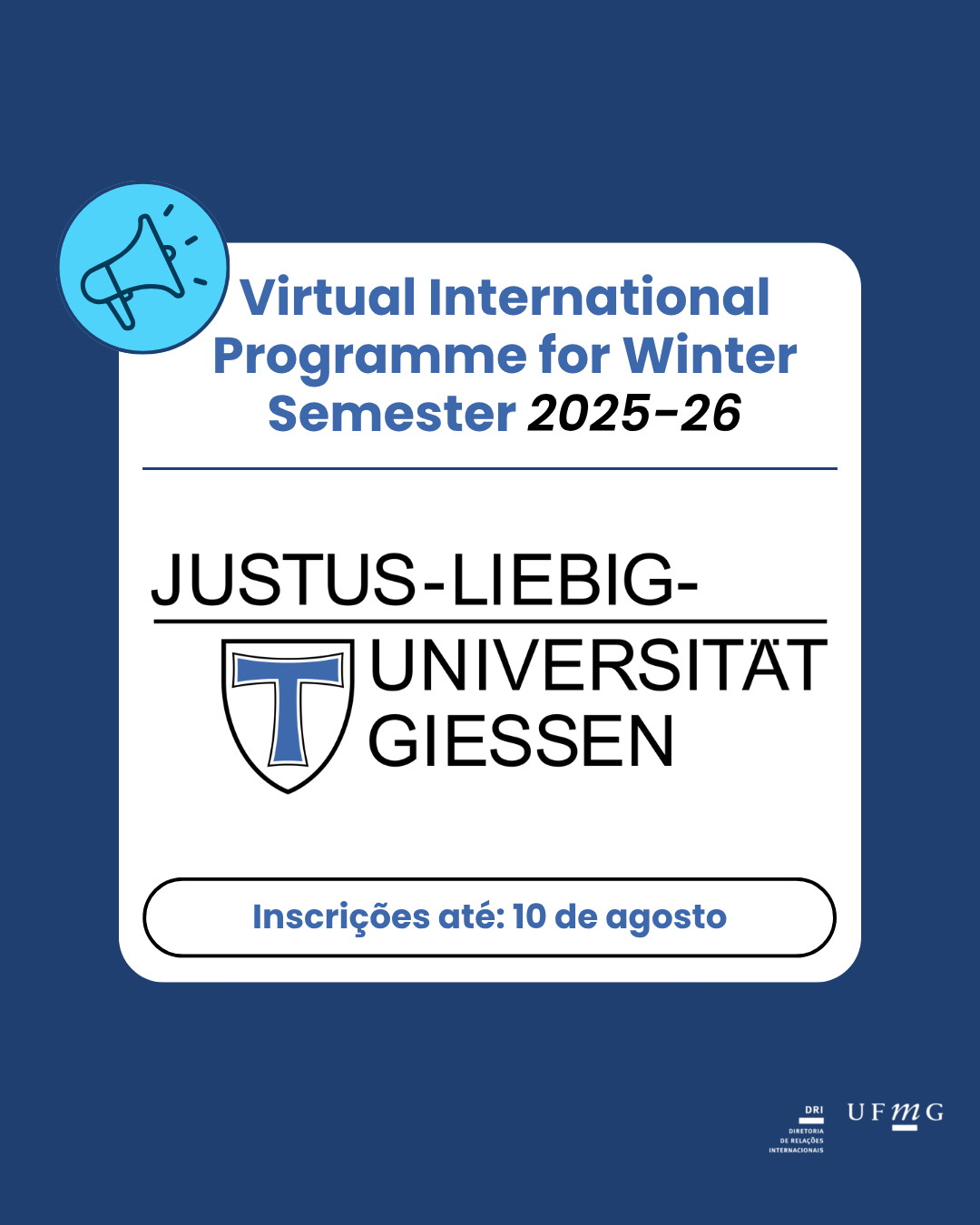 O VIP é uma oferta contínua para estudantes internacionais de universidades parceiras da JLU interessados em uma experiência de intercâmbio virtual para complementar seus estudos em seus países de origem. Os alunos podem se inscrever individualmente online; não é necessária nenhuma indicação oficial. Os alunos têm a opção de selecionar até seis disciplinas dentre uma ampla gama de cursos online, oferecidos em 11 faculdades da JLU, tanto na graduação quanto na pós-graduação. Mais de 50 cursos online estão disponíveis, proporcionando uma experiência acadêmica completa. Acesso exclusivo a cinco cursos de alemão, atendendo a diversos níveis de proficiência, do iniciante ao avançado (A0 a B2+). Os participantes receberão um Histórico Escolar oficial, documentando os pontos de crédito obtidos pela JLU. A participação no VIP é oferecida gratuitamente a estudantes de nossas universidades parceiras. Para mais informações sobre a oferta de cursos e o processo de inscrição, visite nosso Campus Digital. Datas Importantes: Prazo para Inscrição: 10 de agosto de 2025 Período de Perguntas para Candidatos: Quinta-feira, 10 de julho de 2025, às 14h (CEST) via Zoom Início do Semestre de Inverno: 6 de outubro de 2025, com a nossa Semana de Orientação online para todos os estudantes internacionais (OWIS) Confira abaixo os folhetos digitais do VIP: O VIP @ JLU Giessen abrange os nossos cursos recorrentes (oferecidos continuamente), juntamente com informações gerais sobre o programa. Este catálogo de cursos permite que os seus alunos planejem, incorporem um curso VIP ao seu horário escolar e abordem o potencial reconhecimento com antecedência. O Guia do Aluno para a Galáxia VIP foi elaborado para os alunos e inclui o catálogo de cursos para o próximo semestre. Ele também fornece informações adicionais sobre o programa e suas atividades complementares. Sinta-se à vontade para compartilhar este folheto com seus alunos. O folheto Galaxy VIP nas Mídias Sociais do Semestre de Inverno de 2025-26 pode ser utilizado por você para aumentar a visibilidade VIP entre seus alunos. Basta compartilhar o folheto em suas plataformas de mídia social e deixar os alunos mergulharem na galáxia VIP! Entre em contato com a Equipe de Mobilidade da JLU para perguntas sobre o programa, a seleção de cursos ou o processo de inscrição: Justus Liebig University Giessen Escritório Internacional Equipe de Mobilidade VIP@admin.uni-giessen.de Telefone: +49 641 99- 12166 +49 641 99- 12132
