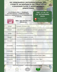  O Comitê Acadêmico do PROCOAS realizará seu 20º Seminário Internacional: Cooperação e Trabalho: Estratégias Compartilhadas para o Desenvolvimento Econômico e Social – Mba ́apo Poti ha viru Jakakuaa – de 17 a 20 de setembro na Universidade Nacional de Assunção, Assunção, Paraguai. Em 2025, declarado o 2º Ano Internacional das Cooperativas, proposto pela Organização das Nações Unidas (ONU), sob o lema "Cooperativas constroem um mundo melhor", o Comitê Acadêmico de Processos Cooperativos e Associativos (PROCOAS) da Associação de Universidades do Grupo de Montevidéu (AUGM) e a Faculdade de Economia da Universidade Nacional de Assunção, Paraguai, estão organizando em colaboração o 20º Seminário Acadêmico Internacional do PROCOAS. A Comissão Acadêmica PROCOAS da AUGM é um espaço de construção coletiva onde se compartilham experiências, boas práticas, conhecimentos teóricos e vivenciais no âmbito da Economia Social e Solidária, com o objetivo de destacar a importância deste modelo como mecanismo para o desenvolvimento econômico e social da região, respeitando suas particularidades e características. O tema do seminário é "Cooperação e Trabalho: Estratégias Compartilhadas para o Desenvolvimento Econômico e Social". O objetivo é compartilhar experiências, promover intercâmbios e estimular a reflexão crítica sobre os diferentes modelos de produção e trabalho que sustentam a vida nos países em questão. Visa-se demonstrar como os processos associativos e cooperativos têm implementado com sucesso uma economia social e solidária que potencializa o desenvolvimento integral das comunidades. O objetivo é refletir sobre a relevância dos processos cooperativos e associativos e a diversidade do trabalho que sustenta a vida, bem como das redes comunitárias que constituem os territórios, a fim de visualizar as contribuições e tensões do campo da economia social e solidária para os processos de desenvolvimento. Confira aqui a primeira circular. Confira aqui a segunda circular. Para mais informações, favor contatar: xxseminarioprocoas@eco.una.py *Esta não é uma atividade promovida pela DRI, mas uma divulgação de oportunidade de instituição parceira; portanto, a DRI não se responsabiliza por eventuais questões.