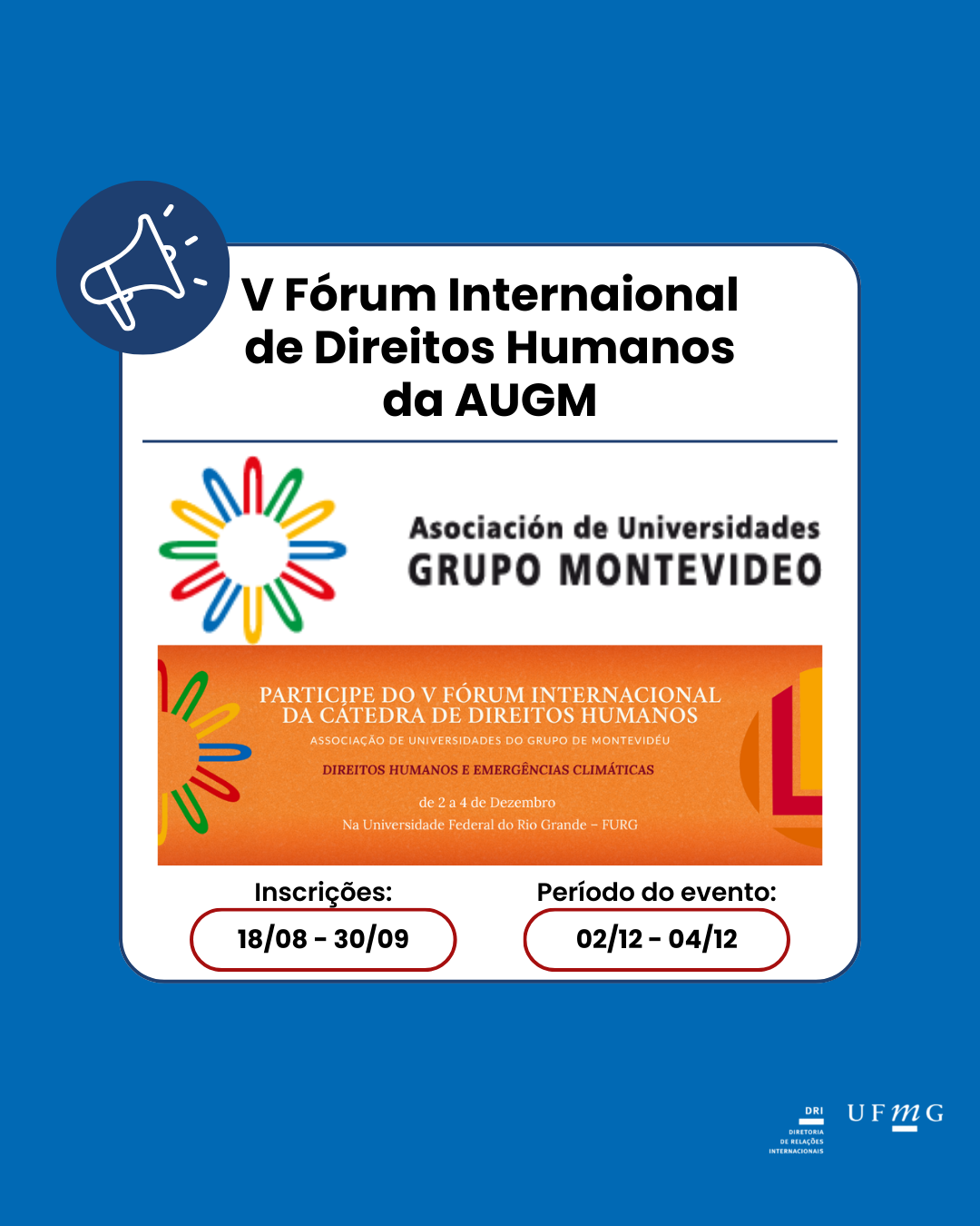 Já está disponível a segunda circular do quinto Fórum Internacional de Direitos Humanos da Cátedra de Direitos Humanos da Associação de Universidades do Grupo Montevidéu (AUGM). O evento acontecerá de 2 a 4 de dezembro de 2025, no Campus Carreiros da Universidade Federal do Rio Grande (FURG), Brasil, e reunirá pesquisadores e estudantes de diferentes países da América Latina. Sob o tema "Direitos Humanos e Emergências Climáticas", o Fórum abordará os desafios contemporâneos impostos pela crise ambiental global e suas implicações para os direitos fundamentais das populações, especialmente as mais vulneráveis. As atividades incluirão conferências, mesas redondas, grupos de trabalho temáticos, atividades culturais e uma exposição de fotografia. O Fórum é uma das principais iniciativas da Cátedra AUGM, criada em 2020 para promover uma cultura de direitos humanos por meio da integração de pesquisadores. Edições anteriores foram realizadas em instituições do Chile, Brasil e Argentina, fomentando debates sobre democracia, desenvolvimento e justiça social. A escolha da FURG como sede justifica-se pela relevância do tema em estados insulares e costeiros, bem como pela experiência da universidade com eventos climáticos extremos, como as enchentes que atingiram o Rio Grande do Sul em 2024. Nesta edição, os Grupos de Trabalho serão distribuídos da seguinte forma: GT1: Educação Ambiental e Emergências Climáticas GT2: Justiça Ambiental, Desigualdades Sociais e Racismo Ambiental GT3: Direitos Humanos, Emergências Climáticas e Gênero GT4: Extensão Universitária em Tempos de Emergências Climáticas GT5: Direitos Humanos, Direitos da Natureza em Emergências e Políticas Públicas As inscrições podem ser feitas entre 18 de agosto e 30 de setembro de 2025, em português ou espanhol, e os resultados serão divulgados em outubro. Os interessados em participar podem enviar resumos com 300 a 500 palavras, em português ou espanhol, de 18 de agosto a 30 de setembro de 2025. As inscrições para o público em geral estarão abertas a partir de novembro. Para mais informações, confira o site oficial do V Fórum Internacional de Direitos Humanos. *OBS: esta é uma divulgação externa de instituição parceira; portanto, a DRI não se responsabiliza por eventuais questões.