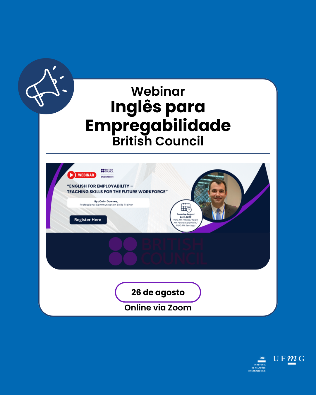 O British Council promoverá na próxima terça-feira, 26 de agosto, um webinar com tema "Inglês para Empregabilidade – Ensinando Habilidades para a Futura Força de Trabalho". O evento ocorrerá de forma online via Zoom às 12:00h do dia 26/08. Esta sessão interativa de 90 minutos será conduzida por Colm Downes, um Instrutor de Habilidades de Comunicação experiente, com vasta experiência na Ásia, apoiando professores, profissionais e organizações no desenvolvimento de habilidades impactantes de comunicação e empregabilidade. Esta sessão demonstrará como o ensino de inglês pode promover habilidades essenciais para o trabalho, incluindo trabalho em equipe, adaptabilidade e resolução de problemas. Você também obterá insights sobre o uso de IA para ensino e avaliação e por que a colaboração é mais importante do que nunca na economia global atual. O webinar será encerrado com uma sessão de perguntas e respostas ao vivo – sua chance de fazer perguntas, compartilhar ideias e refletir sobre sua prática de ensino. Todos os participantes da sessão online têm direito a um Certificado EnglishScore GRATUITO do British Council. Faça sua inscrição aqui. *OBS: esta é uma divulgação externa de instituição parceira; portanto, a DRI não se responsabiliza por eventuais questões.