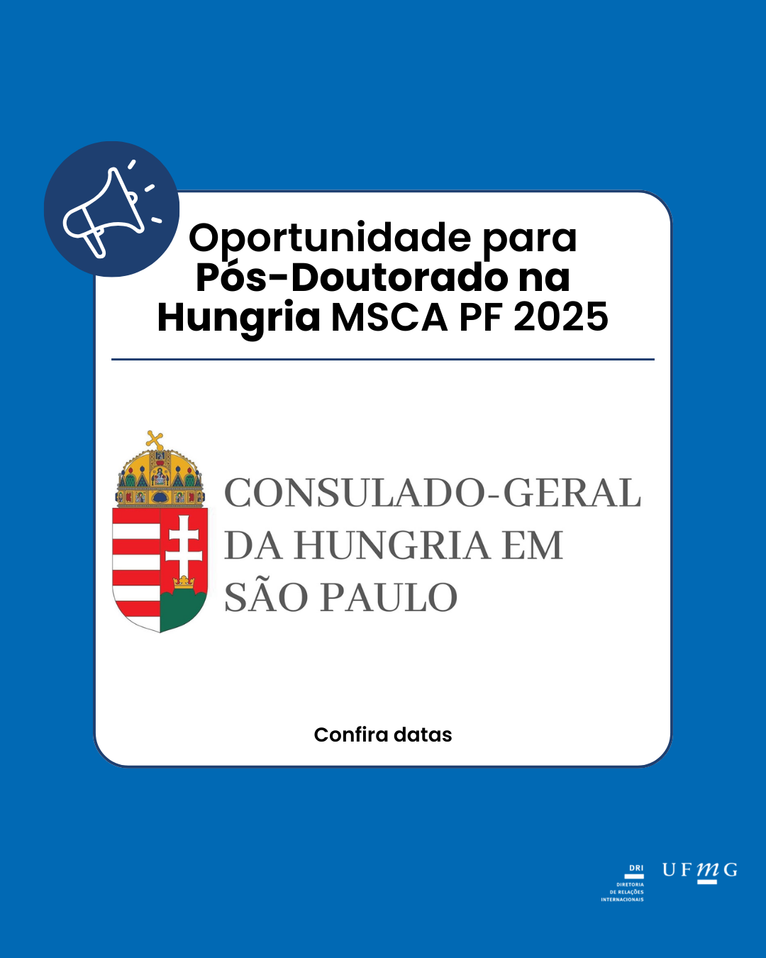 A Hungria está de portas abertas para receber talentos internacionais na chamada Marie Skłodowska-Curie Actions – Postdoctoral Fellowships (MSCA PF) 2025, o principal programa da União Europeia para mobilidade e formação avançada de pesquisadores(as). Por que participar? Bolsas entre 1 e 2 anos em universidades e centros de pesquisa de excelência. Aberto a todas as áreas do conhecimento. Experiência internacional, interdisciplinar e intersetorial. Supervisão dedicada por pesquisadores(as) seniores de alto nível. Instituições e grupos de pesquisa húngaros disponíveis para acolhimento (detalhes sobre suas pesquisas, áreas de interesse e informações de contato aqui): PPKE – Grupo de Pesquisa em Modelagem de Barreiras e Farmacêutica Inovadora WIGNER – Laboratório de Neurociência Computacional de Sistemas BME – Grupo de Pesquisa em Engenharia Ambiental e de Processos ELTE – Grupo de Pesquisa em Enzimologia Motora BME – Grupo de Pesquisa em Simulação Quântica Molecular ELTE – Grupo de Pesquisa em Genética de Peixes ELTE – Grupo de Pesquisa em Femtoscopia BME – Laboratório de Ciência de Dados Humanos e Sociais SZTAKI – Laboratório de Sistemas e Controle ELTE – Grupo de Pesquisa em Bioinformática Evolutiva ELTE – Laboratório de Biologia de Plastídios ELTE – DaruLAB (Machine Learning Potentials | Ab Initio Molecular Dynamics | Path Integral Molecular Dynamics | Local Coupled Cluster calculations | Reaction mechanisms) ELTE – Departamento de Ciência e Engenharia de Dados Descubra as ofertas e escolha seu futuro host na Hungria: https://nkfih.gov.hu/english/international-cooperation/horizon-europe/msca-pf-hungarian-host-offers Chamada MSCA PF 2025: https://marie-sklodowska-curie-actions.ec.europa.eu/actions/postdoctoral-fellowships *OBS: esta é uma divulgação externa de instituição parceira; portanto, a DRI não se responsabiliza por eventuais questões.