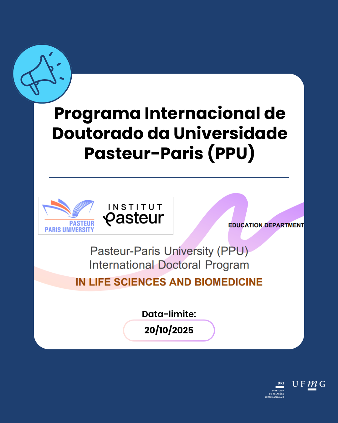 O Programa Internacional de Doutorado da Universidade Pasteur-Paris é oferecido pelo Instituto Pasteur em colaboração com o Instituto Imagine e as principais universidades da região de Paris (Université Paris Cité, Sorbonne Université e Université Paris-Saclay). Este programa de doutorado é organizado para estudantes que possuem mestrado ou equivalente em ciências, medicina e áreas afins, oferecido por uma universidade fora da França. Confira a Chamada para 2026. Veja a Lista de Projetos para 2026. Para mais informações, escreva para phd@pasteur.fr