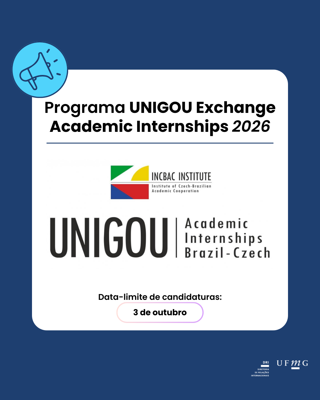 O Instituto Tcheco-Brasileiro para Cooperação Acadêmica anuncia que estão abertas as inscrições para mais uma edição do Programa UNIGOU Exchange de Estágios Acadêmicos nas universidades e Centros de Pesquisas da República Tcheca – Período de Janeiro e Fevereiro de 2026. O Programa UNIGOU tem o objetivo de estreitar as relações entre o Brasil e a República Tcheca, através de um programa de estágios científicos e mobilidade acadêmica de excelência. Os estudantes brasileiros selecionados para o UNIGOU Exchange desenvolverão estágios acadêmicos e científicos em suas áreas de formação, nos centros de pesquisas das instituições parceiras, na República Tcheca. Os estudantes se tornarão membros oficiais do instituto/departamento tcheco, durante o programa. Os estágios são tipicamente desenvolvidos durante o período de recesso de verão no Brasil, quando é inverno na República Tcheca. Local: Czech Technical University in Prague, Charles University in Prague, University of West Bohemia in Pilsen, Technical University in Brno, Mendel University in Brno, Technical University in Liberec, University of South Bohemia in Ceska Budejovice e Palacky University Olomouc. Período do Estágio: Janeiro e Fevereiro de 2026 Período de Inscrição: até 10 de Outubro de 2025 Duração do Estágio: 2 meses Idioma do Programa: Inglês Requisitos: Ser brasileiro; possuir Inglês fluente; ser aluno ou ex-aluno de uma das universidades brasileiras de interesse; haver concluído, no mínimo, 2 anos do programa de graduação na universidade brasileira de origem; possíveis requisitos técnicos de acordo com o projeto Critérios de Seleção: Análise de currículo e carta de motivação As áreas de interesse são Engenharias, Química, Física, Matemática, Biologia, Geografia, História, Ciências Sociais, Economia, Relações Internacionais, Direito, Música, Letras. Inscrições: Estudantes interessados em participar do Programa devem verificar a lista de projetos disponíveis em sua área de formação e se inscrever através do endereço www.incbac.org Confira aqui a cartilha de informações gerais sobre o programa.