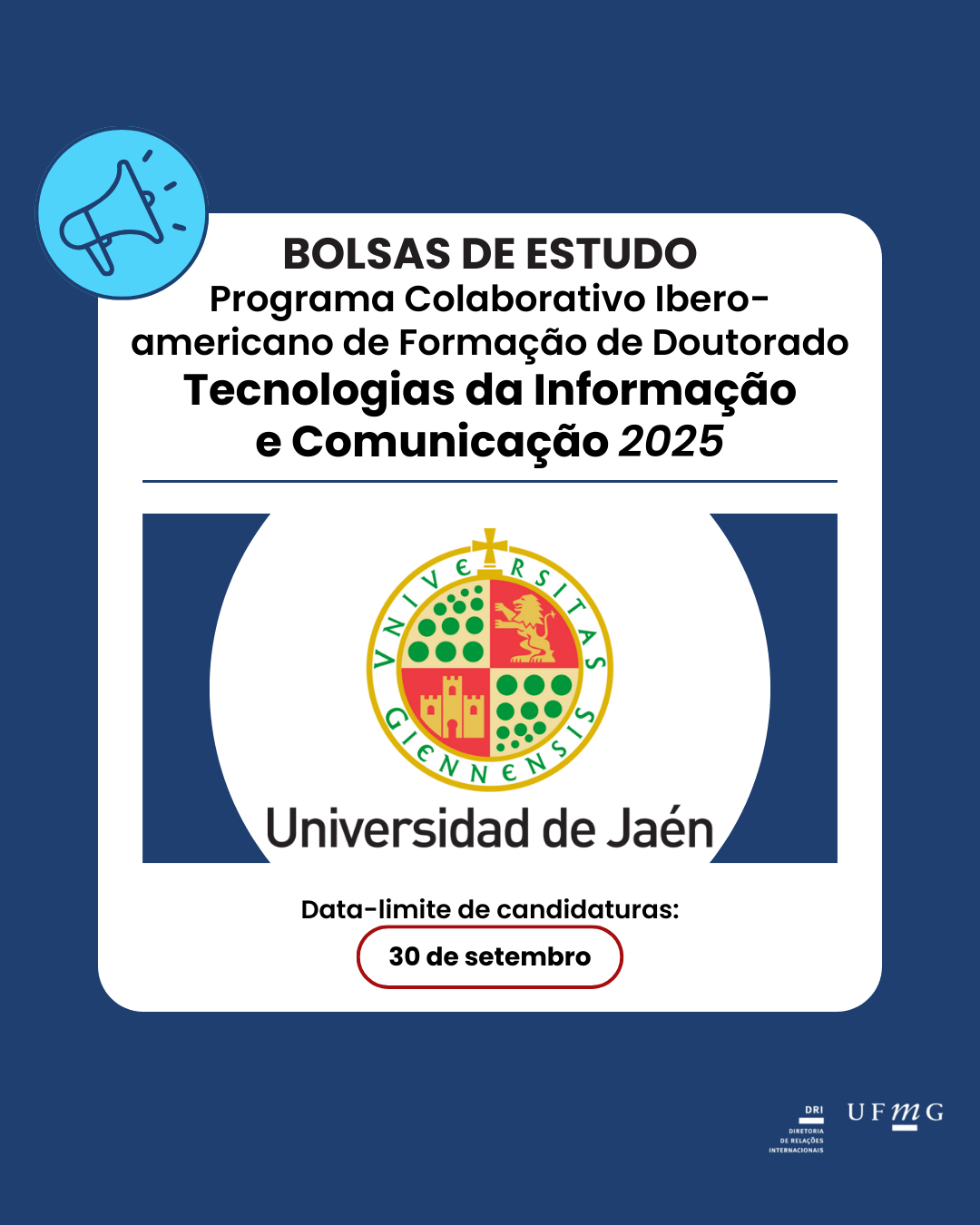O Programa Colaborativo foi aprovado pela Comissão Executiva da AUIP, sob proposta da Comissão de Seleção correspondente, e insere-se nas linhas de pesquisa do Programa Colaborativo Ibero-Americano de Formação de Doutorado em Tecnologias da Informação e Comunicação, coordenado pela Universidade de Jaén. Este Programa Colaborativo baseia-se num processo de formação e preparação de teses de doutorado, de acordo com as condições estabelecidas pela legislação espanhola e pelo Regulamento de Estudos de Doutorado da Universidade de Jaén, adaptando-se aos requisitos de qualidade estabelecidos pela Agência Andaluza do Conhecimento (Espanha) e pelas agências nacionais correspondentes, em caso de cotutela. Prazo de inscrição: 30 de setembro de 2025, às 23h59 (GMT/UTC+02:00) de Madri. Número de bolsas: 5. Concessão da bolsa: Cada bolsa tem um valor máximo de 7.300 euros, que será utilizado para cobrir despesas de viagem e contribuir para os custos de acomodação, subsistência e seguro para duas (2) estadias de pesquisa na Universidade de Jaén, em anos consecutivos. Cada uma dessas estadias será financiada com um máximo de 3.650 euros. Destinatários: Os beneficiários deste Programa Colaborativo de Formação de Doutorado devem demonstrar um histórico de experiência científica, acadêmica e/ou profissional relacionada ao Programa de Doutorado oferecido. Além disso, devem residir na América Latina e ser de uma universidade afiliada à AUIP, especificamente a Universidade Nacional de Mar del Plata (Argentina) e a Universidade Nacional do Sul (Argentina), bem como de outras universidades latino-americanas afiliadas à AUIP. Devem ter vínculos atuais com essas universidades como docentes, pesquisadores, funcionários, administradores, etc., e fornecer o aval institucional da respectiva universidade. Devem também possuir um título de mestre relacionado à área do doutorado que os qualifique e permita o acesso aos estudos de doutorado na Universidade de Jaén. Mais informações: http://auip.org/es/becas-auip/2948.