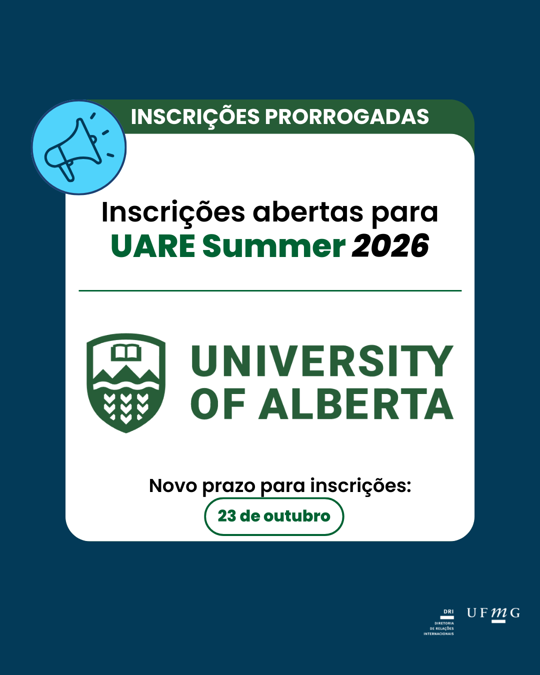 O prazo de inscrição do Programa de Verão de 2026 da University of Alberta Research Experience (UARE) foi prorrogado até 23 de outubro de 2025, às 10h (horário das Montanhas Rochosas). Lembrete: Os alunos devem poder residir em Alberta por 11 a 12 semanas, pois não oferecemos opções virtuais ou híbridas. As datas de início são flexíveis entre maio e julho de 2026 para acomodar diferentes cronogramas semestrais. Os detalhes completos sobre como se inscrever estão disponíveis no site da Universidade de Alberta. Como sempre, caso tenha alguma dúvida que não esteja abordada em nossa seção de Perguntas Frequentes, não hesite em entrar em contato pelo e-mail intern@ualberta.ca. Confira a notícia original aqui.