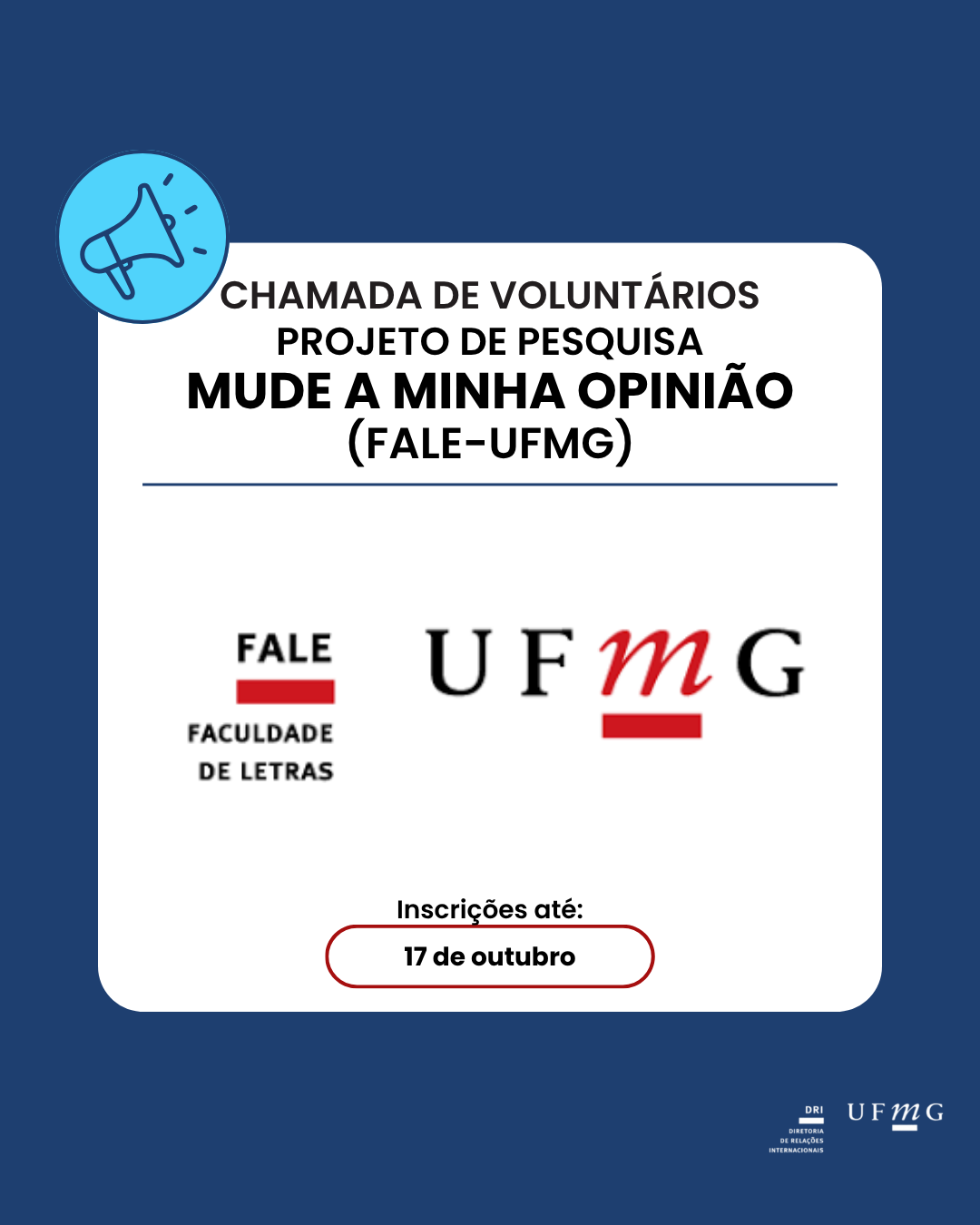 O Professor Leonardo Neves Corres (FALE-UFMG) está desenvolvendo um projeto de pesquisa em parceria com a Universidade Federal Fluminense (UFF) intitulado “Mude a minha opinião”. O objetivo do projeto é compreender os processos de tomada de decisão coletiva e, nesta fase, será investigado como a deliberação em uma língua estrangeira, especificamente o inglês, pode influenciar esse processo. Para isso, procura-se voluntários que queiram participar dos encontros. A iniciativa consiste na realização de quatro sessões de conversação em língua inglesa, no formato de fórum deliberativo, onde serão discutidos temas diversos. Detalhes da atividade: • O quê: 4 encontros on-line para conversação em inglês. • Formato: Fórum deliberativo via Zoom. • Duração: Cada encontro terá entre 1h e 1h30. • Quando: Os encontros serão semanais, em dias e horários a serem definidos conforme a disponibilidade dos participantes selecionados. • A atividade é totalmente gratuita e haverá emissão de certificado para os participantes. Esta é uma ótima oportunidade para a comunidade acadêmica praticar a conversação em inglês em um ambiente de debate e, ao mesmo tempo, contribuir para uma pesquisa desenvolvida na universidade. As inscrições podem ser realizadas até o dia 17 de outubro através do formulário disponível aqui.