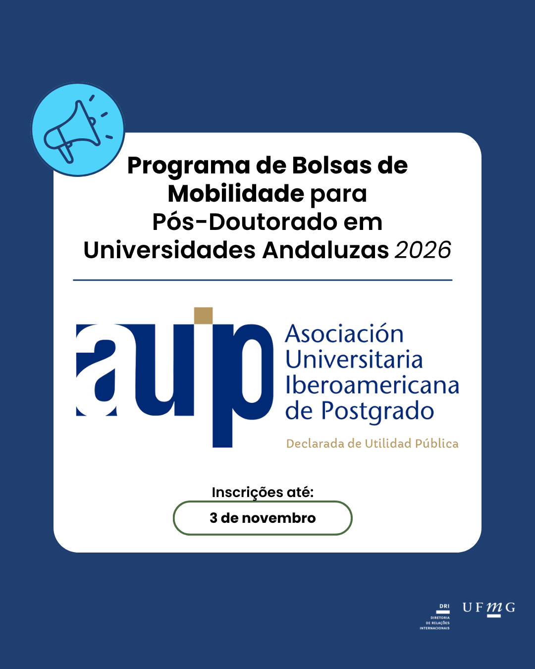 Este programa financia bolsas de estudo para promover e incentivar a mobilidade internacional de pós-doutorado entre instituições pertencentes à Associação Ibero-Americana de Universidades de Pós-Graduação (AUIP) (ver lista de Universidades Associadas) e universidades andaluzas. Este programa faz parte da "Linha de Ação 3: Bolsas e Subsídios para Mobilidade de Pós-Graduação" do Plano de Ação 2024-2026 da AUIP para promover o intercâmbio científico e a cooperação entre docentes e pesquisadores de instituições associadas. Prazo de inscrição: 3 de novembro de 2025, às 23h59 (GMT/UTC+01:00), Madri. Número de vagas disponíveis: 50 Valor das bolsas: As bolsas têm um valor máximo de € 3.000, que serão distribuídas da seguinte forma: Até € 1.200 para financiar viagens internacionais. € 600 para despesas de subsistência por cada estadia de 30 dias na universidade anfitriã, até um máximo de 90 dias (€ 1.800). Destinatários: professores, pesquisadores ou administradores (com doutorado) vinculados a uma universidade ou instituição de ensino superior latino-americana associada à AUIP, interessados ​​em realizar uma estadia de pesquisa em uma universidade andaluza. Para mais informações, acesse aqui.