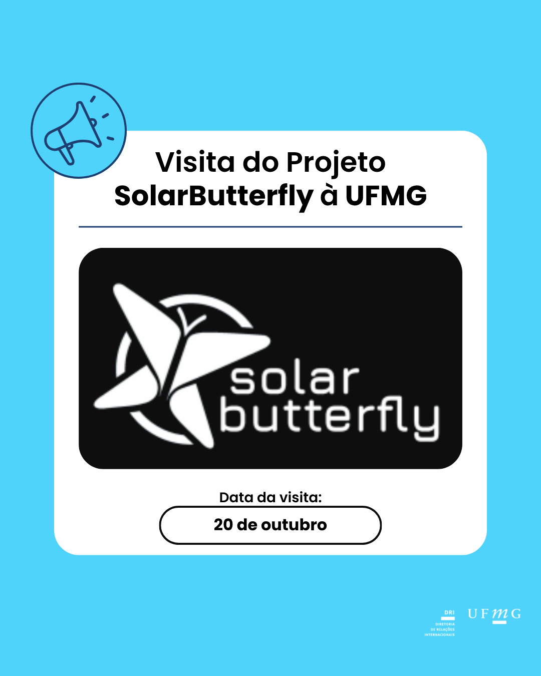 O SolarButterfly é um veículo movido a energia solar, no formato de borboleta, desenvolvido pela Lucerne University of Applied Sciences da Suíça, suas asas solares geram a energia elétrica para o veículo. Está percorrendo a rota entre Montevidéu e Belém do Pará para chegar a tempo do início da COP-30. No dia 20 de outubro estará na Escola de Engenharia, haverá uma palestra e a visita ao veículo. Data: 20 de outubro de 2025 Local: Sala de seminários 1012 da EE-UFMG e Estacionamento do Bloco 3 Hora: 13:30 Confira o cartaz explicativo do projeto aqui.