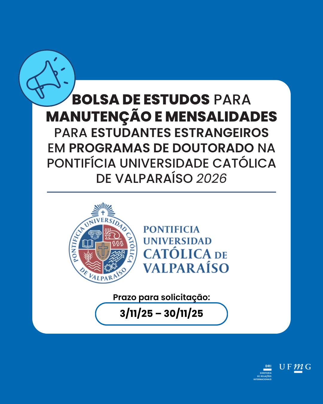 Período de inscrição: de 3 de novembro de 2025 a 30 de novembro de 2025, às 23h59 (GMT/UTC -04:00), Valparaíso, Chile. Valor da bolsa: Esta bolsa inclui: Auxílio-moradia: CLP 550.000 por mês. A renovação será feita a cada semestre e está sujeita à avaliação do desempenho acadêmico. Isenção de mensalidades: cobre os 4 anos do programa. A renovação será feita a cada semestre e está sujeita à avaliação do desempenho acadêmico. Taxa de matrícula não inclusa. Início do benefício: a partir de março de 2026 para alunos atuais. Para novos alunos, o valor será ajustado proporcionalmente ao mês de início do curso. Ambas as bolsas estarão disponíveis a partir de março de 2026. Destinado a: todos os estudantes internacionais que, no momento da inscrição, estejam matriculados em um dos programas de doutorado listados na seção seguinte e atendam aos requisitos estabelecidos nestas diretrizes. Documentos necessários: Cópia do passaporte. Currículo de candidatura (ver modelo). Formulário de candidatura (ver modelo). Certificado de classificação de conclusão de curso de graduação (ver modelo). Comprovante de média final de notas da graduação (ver modelo). Duas cartas de recomendação confidenciais. Estas devem ser enviadas para becaspostgrado@pucv.cl Mais informações: https://auip.org/es/becas-auip/2998
