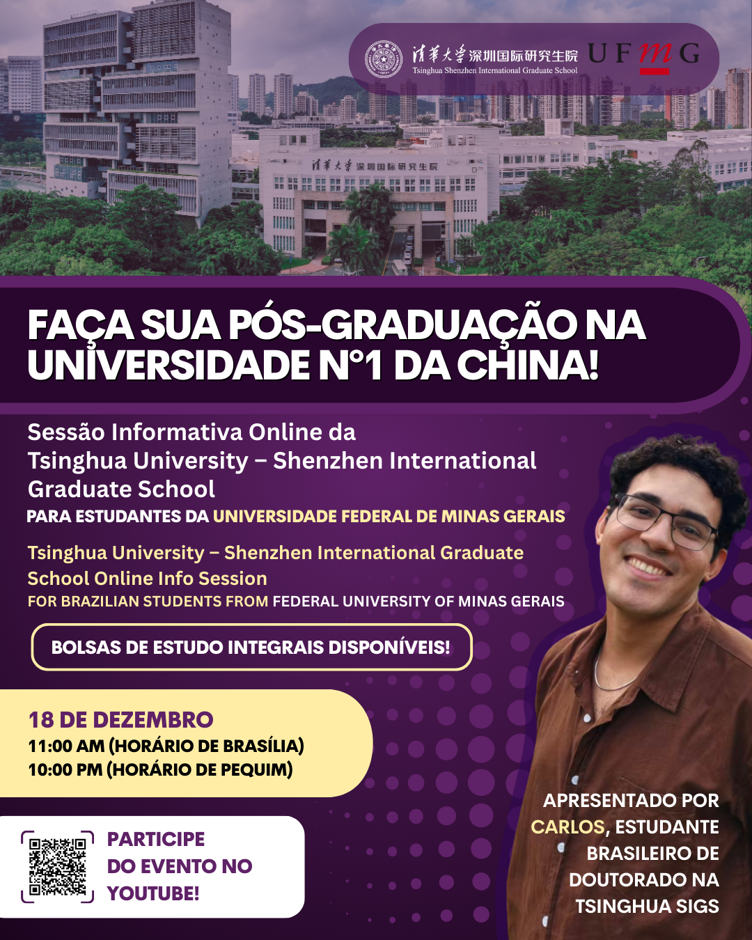 Nesta palestra, Carlos José Alves Gomes Neto, doutorando em Ciência da Computação na Tsinghua Shenzhen International Graduate School (SIGS), compartilha sua trajetória na China, explica como funciona o processo seletivo para uma das melhores universidades da Ásia e apresenta informações essenciais sobre os programas de Mestrado e Doutorado da instituição. A Tsinghua SIGS oferece programas de Mestrado (2–3 anos) e Doutorado (3–4 anos), além da possibilidade de admissão direta ao PhD para alunos que possuem bacharelado (4–5 anos). Com cursos que vão de Arquitetura, Biologia, Química, Medicina, Finanças, Administração Pública, Engenharia, Ciência da Computação e formações interdisciplinares, a SIGS se destaca por unir pesquisa de ponta, inovação e um ambiente multicultural único, aceitando candidatos de todas as áreas do conhecimento. As inscrições para admissão em agosto/setembro de 2026 estão abertas até 31 de maio de 2026, mas aqueles que desejam concorrer à bolsa do Governo Chinês (CSC) devem se inscrever até o final de dezembro. 📌 Mais informações aqui. 📧 Contato: admission@sz.tsinghua.edu.cn