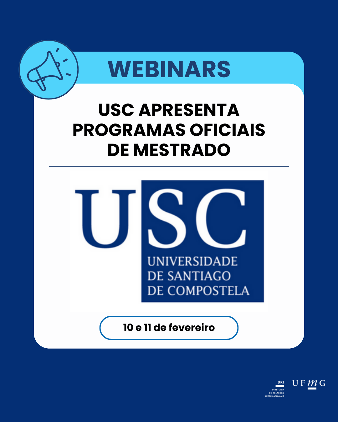 A Universidade de Santiago de Compostela (USC) realizará dois webinars nos dias 10 e 11 de fevereiro para apresentar seus programas oficiais de mestrado ao mercado latino-americano, por meio de seu Escritório de Extensão Internacional. O principal objetivo desta iniciativa é fornecer informações detalhadas sobre os diversos programas oficiais de mestrado oferecidos em diferentes áreas de estudo: A primeira sessão, que ocorrerá no dia 10 de fevereiro, terá como foco as áreas de Ciências, Ciências da Saúde e Engenharia e Arquitetura. A segunda sessão, agendada para o dia 11 de fevereiro, terá como foco as ofertas acadêmicas em Artes e Humanidades, e Ciências Sociais e Direito. A inscrição é obrigatória e deve ser feita pelo seguinte link: https://goo.su/ACQP1b Além da equipe técnica do escritório, aproximadamente 50 coordenadores de programas de mestrado participarão desses webinars. Entre outros tópicos, abordaremos questões relacionadas ao processo de inscrição e admissão, à duração dos estudos e aos procedimentos necessários para a obtenção de vistos, entre outros assuntos de interesse. Você também pode assistir a vídeos sobre os programas de graduação com antecedência para saber mais sobre cada um deles no canal do YouTube: USC International. Gostaríamos também de destacar o recente anúncio das bolsas BEME, 250 bolsas destinadas a financiar um mestrado universitário de um ano ou um ano e meio, em formatos presenciais ou semipresenciais.
