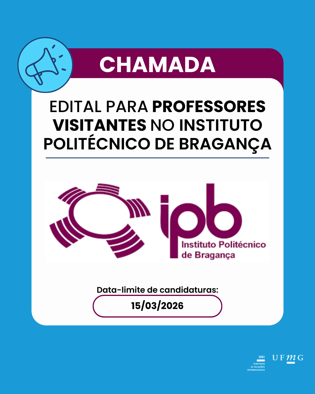 O Instituto Politécnico de Bragança (IPB, Portugal) partilha a visão de diferenciação através da promoção da internacionalização, da inovação formativa e da investigação aplicada. Reforçando o seu historial de internacionalização, o IPB promove a abertura do Edital 26/27 (para ambos os 1º e 2º semestres) para a recepção de professores visitantes, com as condições apresentadas no documento abaixo. Os professores interessados deverão submeter candidatura em http://ipb.pt/go/cz890, até à data limite de 15/03/2026. Confira aqui o Edital 26/27 da IPB.