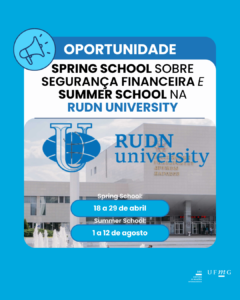  No período de 18 a 29 de abril acontecerá a Escola de Primavera sobre Segurança Financeira, ministrada em inglês, no Instituto de Direito da Peoples’ Friendship University of Russia - RUDN.  Os participantes podem se inscrever para evento online ou presencial. Este programa contará com uma série de palestras ministradas por renomados especialistas russos e internacionais, discussões interativas, eventos sociais e excursões culturais guiadas em Moscou. Para se inscrever na Escola de Primavera, os interessados ​​devem preencher o formulário de inscrição no link. Além disso, acontecerá também uma Escola Internacional de Verão de 1º a 12 de agosto, com palestras, workshops interativos e excursões culturais. Para se inscrever na Escola de Verão, preencha o formulário de inscrição disponível no link. A participação é gratuita, porém acomodações não estão incluídas. Dúvidas: e-mail: ibragimova-ae@rudn.ru OBS: esta é uma oportunidade de instituição parceira. A DRI não se responsabiliza e não tem possibilidade de cobrir as despesas relacionadas, sendo de responsabilidade do estudante.
