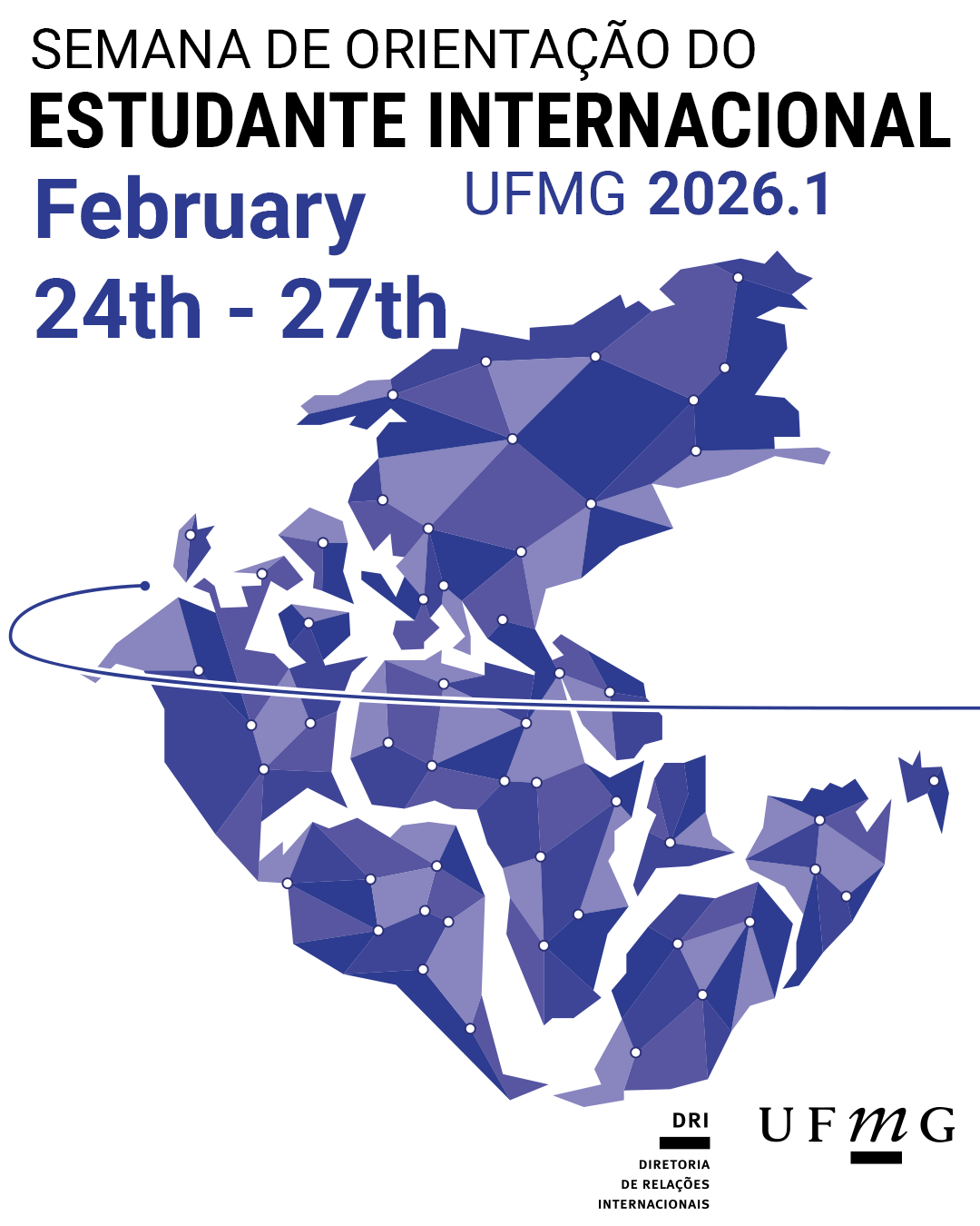 Durante os dias 24 a 27 de março, a Diretoria de Relações Internacionais (DRI) da UFMG promoverá a Semana de Orientação ao Estudante Internacional (SOEI) da UFMG para o 1º semestre de 2026, que consiste em atividades destinadas à recepção dos estudantes internacionais que ingressarão em nossa universidade no semestre. Observação: os estudantes internacionais que irão para o Instituto de Ciências Agrárias (ICA/UFMG) devem se dirigir diretamente à cidade de Montes Claros, sem a necessidade de passar em Belo Horizonte. Consulte a programação da Semana de Orientação. Acesse o Guia do Estudante. Informações sobre a Semana de Orientação do Estudante Internacional da UFMG poderão ser esclarecidas por meio dos e-mails: intercambios@dri.ufmg.br  e/ou  acolhimento@dri.ufmg.br Em caso de dúvidas específicas sobre o programa PEC_G, entrem em contato diretamente pelo e-mail: progespeciais@dri.ufmg.br