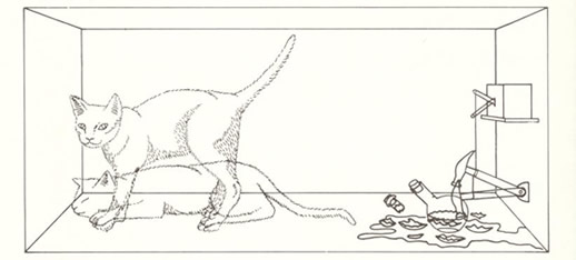 O gato de Schrdinger*, que estaria simultaneamente vivo e morto: representao dos desafios propostos pela fsica quntica