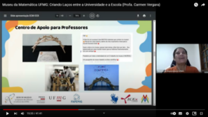 Carmen Vergara destaca, em transmissão online, o papel do Museu da Matemática UFMG na criação de laços entre Universidade e Escola
