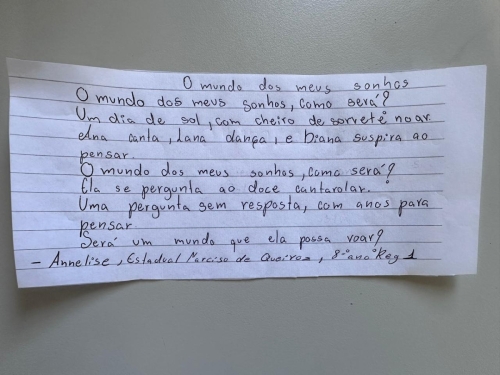Annelise Emanuelle Assis Silva, estudante da Ensino Fundamental 2 (6º ao 9º ano), Escola Estadual Narcisio de Queiroz, do município de Conselheiro Lafaiete. Professora: Gislaine Maria Barbosa Antunes